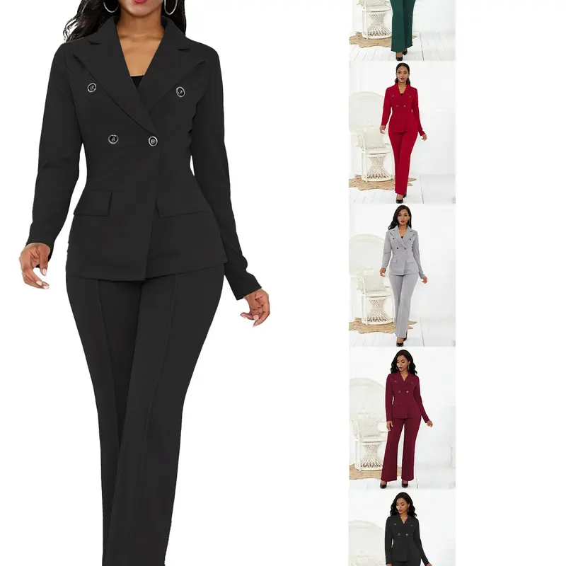 Women's 2-Piece Set, Fashionable Elegance, Simple Style, Autumn Winter, Double Button Long Sleeve Blazer, High Waist Straight Leg Pants, Professional, Suits, Solid, Fit