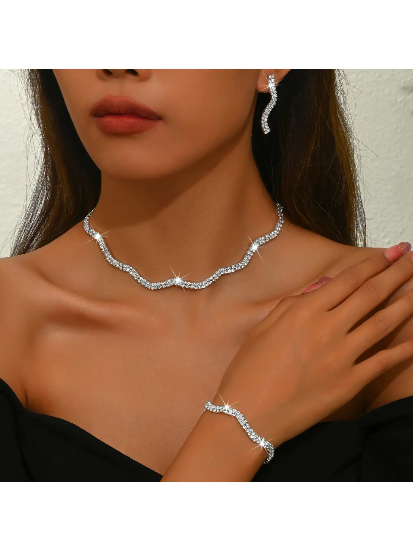 Women's Black Crystal Jewelry Set Wedding Necklace Earrings Bracelet Three-Piece Set
