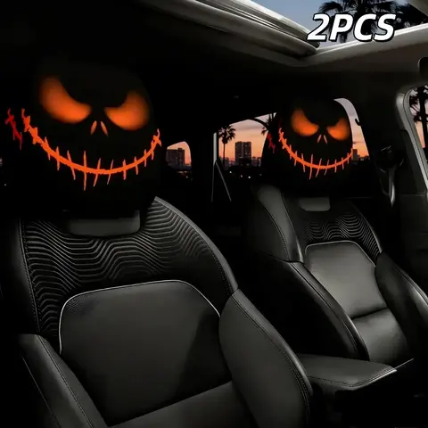 2-Pcs PVC Halloween Car Headrest Pillow Covers, Easy-Install Glowing Eyes Pumpkin Skull Design, Soft Universal-Fit Spooky Festive Holiday Driving Decor (Fashion Accessory Set)