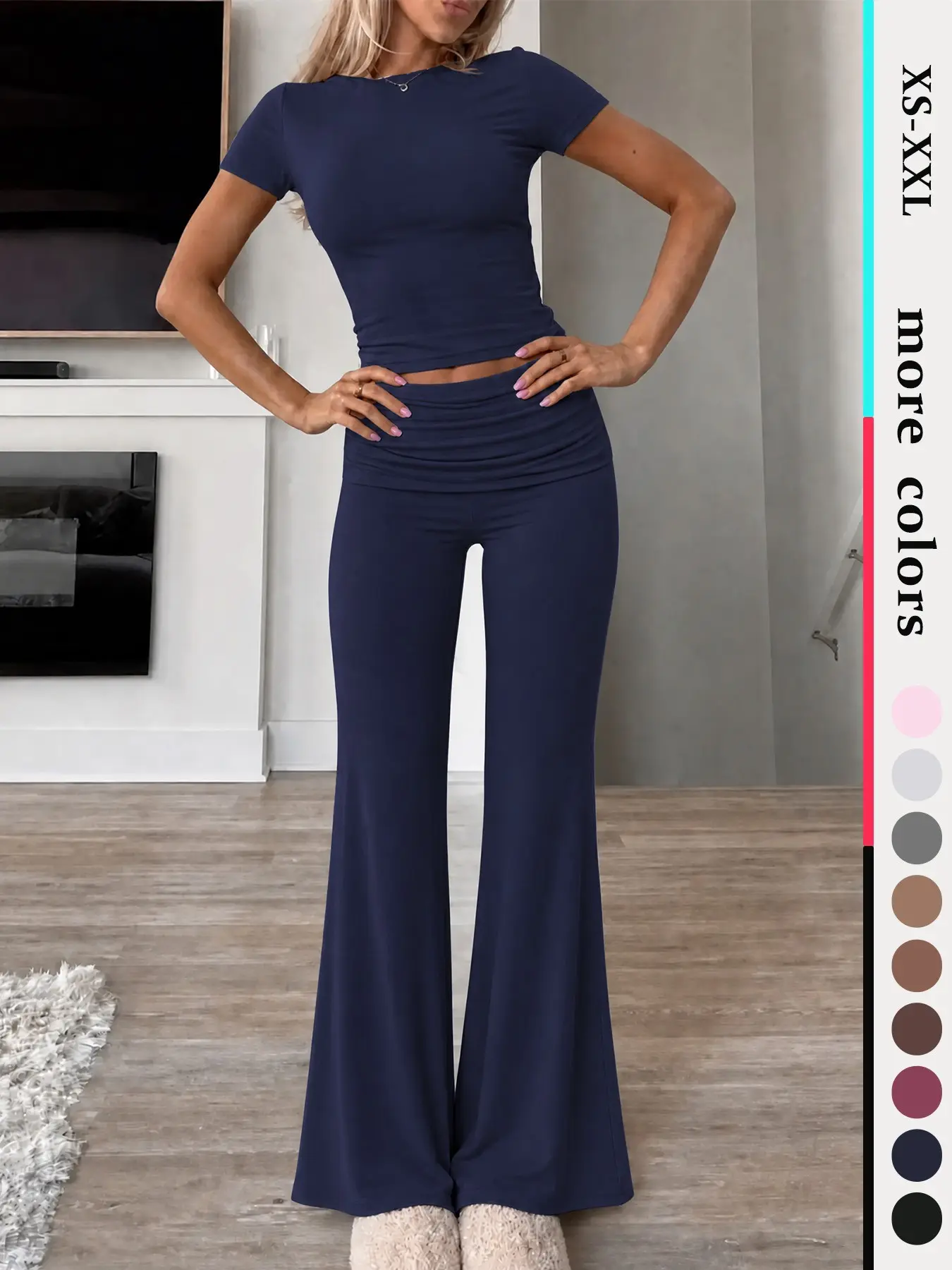Women's 2-Piece Pajama Set, Casual Short Sleeve T-Shirt & Ankle-Length Pants, Slim-Fit Plain Design, Comfortable Home Wear for All Seasons