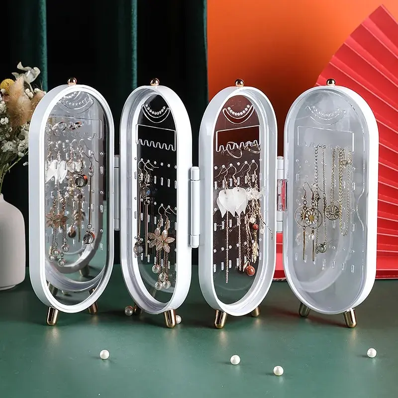 Foldable acrylic earring holder (for women), jewelry display box with mirror, necklace and ring organizer, hanging jewelry storage