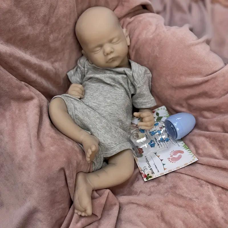 17-18in Unpainted Full Body Solid Silicone Reborn Boy & Girl Doll With Open Mouth Dress In Grey Outfits Handmade Soft Touch Waterproof Newborn Doll Toys For Family‘s Present