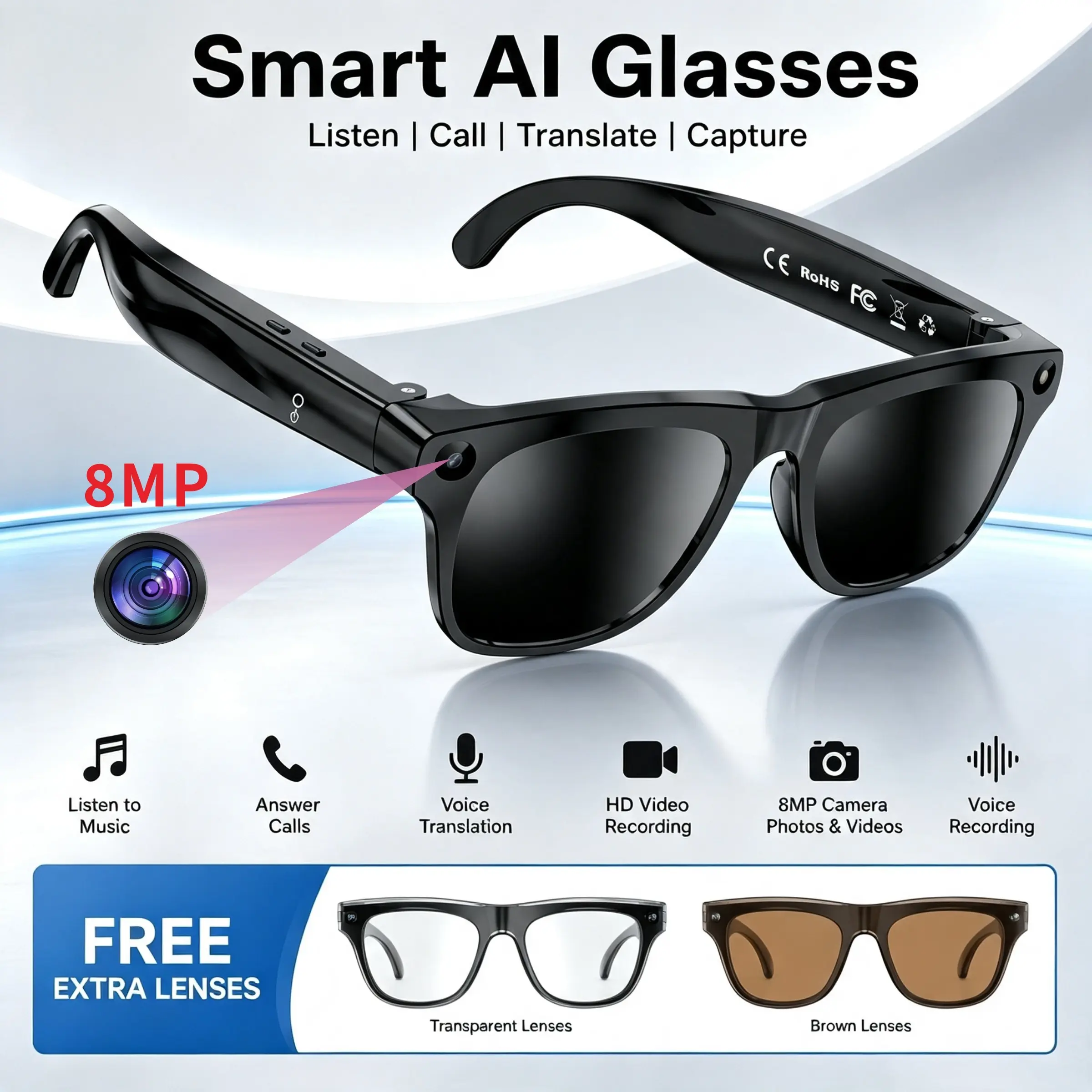SENBONO Wireless smart glasses, camera glasses, 8-megapixel wireless headphones, shooting glasses, multifunctional recording glasses, glasses with camera, recording glasses, glasses with audio and video camera, smart music glasses, translation glasses