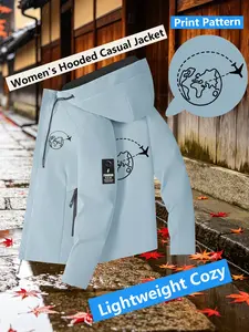 Women's Hooded Windbreaker Jacket Double sided Airplane Around the World Print Jacket Two Color Options Hooded Loose All Season Warm Jacket Ideal for Daily Commute Hiking Climbing Wear Skin Friendly Breathable Machine Washable Plussize