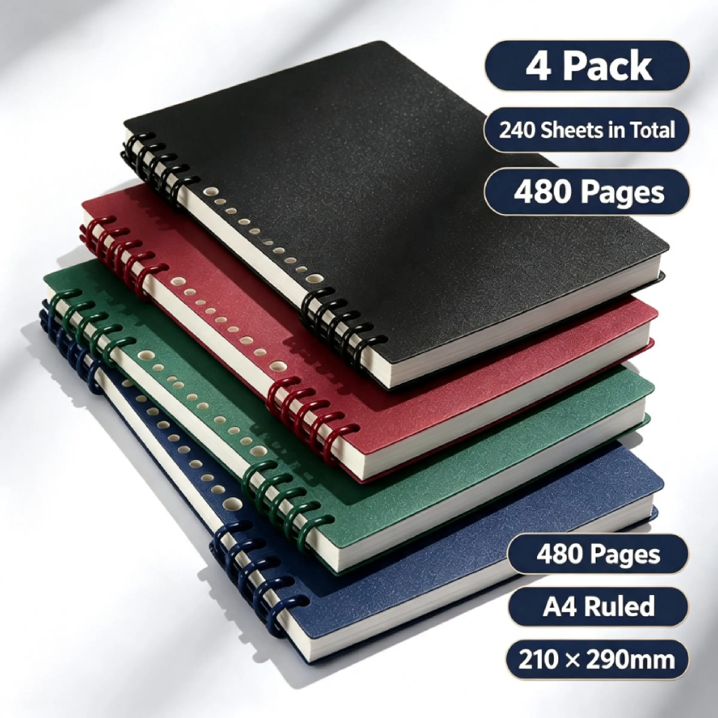 Simple Fresh A4 Notebook Set, Student Memo Pad, Coil Bound, 4 Books Combined, 240 Sheets/480 Pages, Comfortable Grip