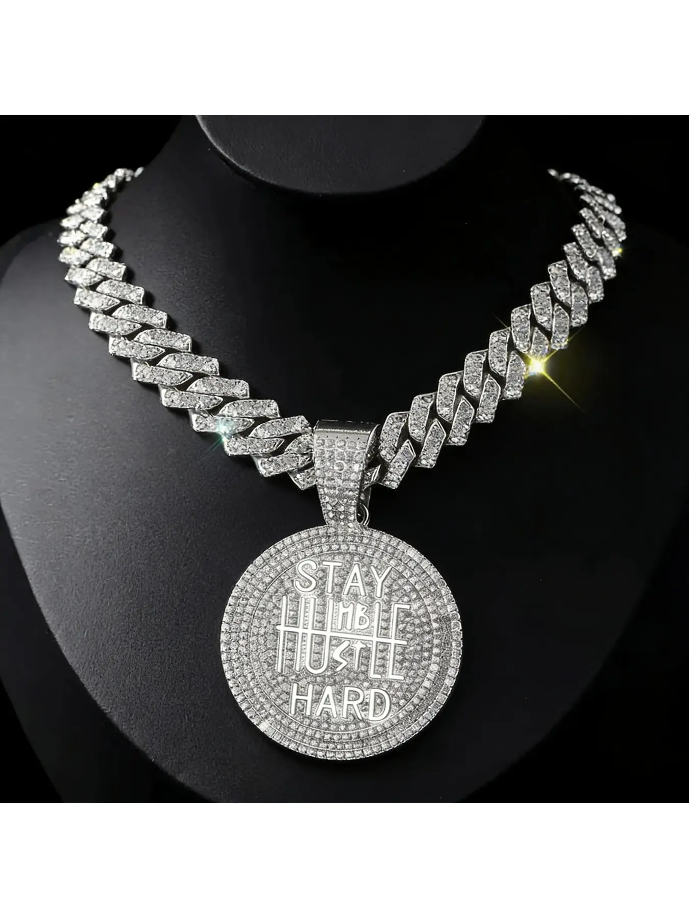 Silver Iced Out Letter Pendant Necklace - Stay Humble Hustle Hard Cuban Link Hip Hop Jewelry  iced out necklace, cuban link necklace, letter pendant, quote necklace, stay humble hustle hard, hip hop jewelry, mens necklace, silver cuban chain, rhinestone n
