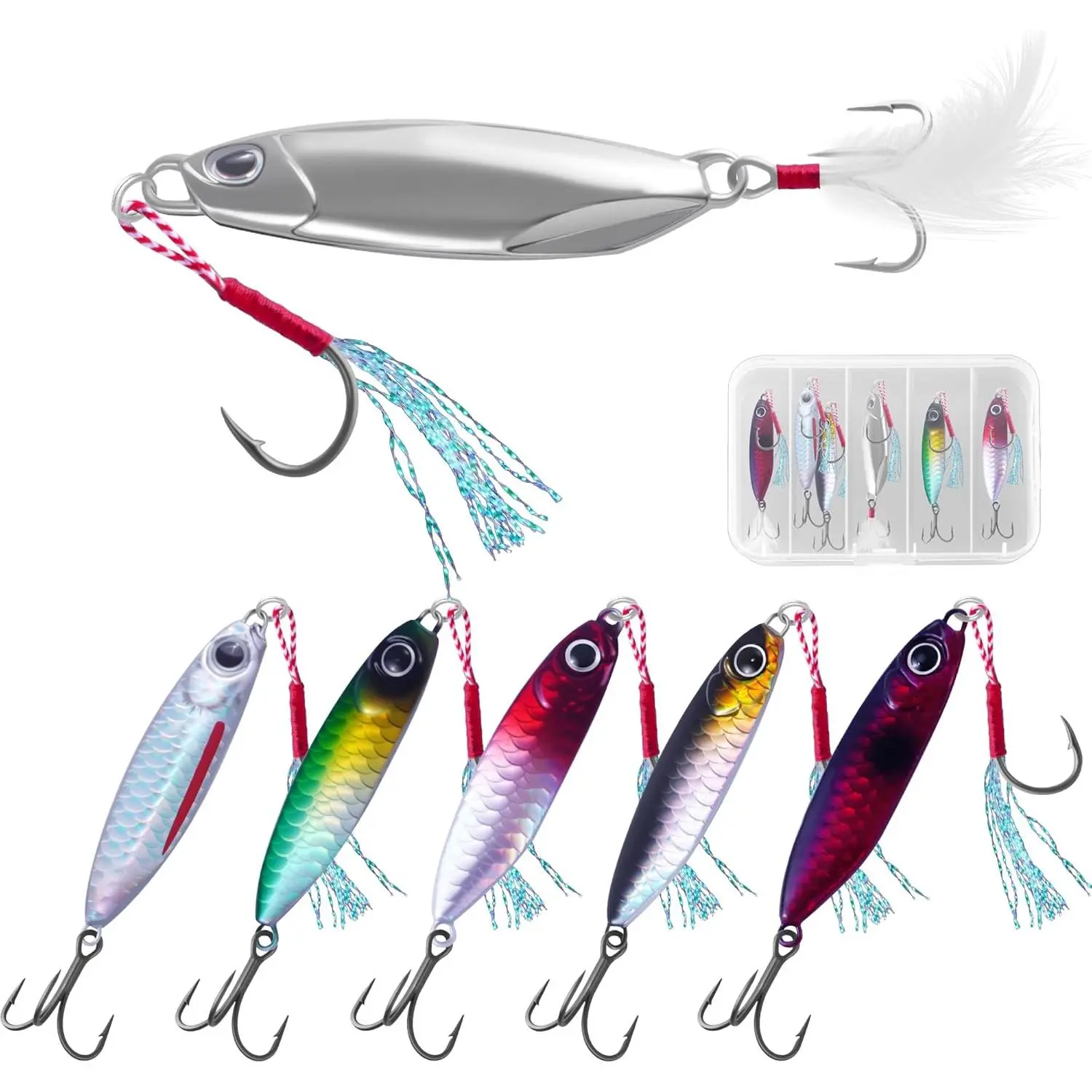 6Pcs Saltwater Fishing Lures with Box, Reflective Jigs Spoon Lure with Ultra-Sharp Treble Hooks, Ocean Salt Water Lures for Tuna, Salmon, Grouper, Snapper, Trolling & Jigging