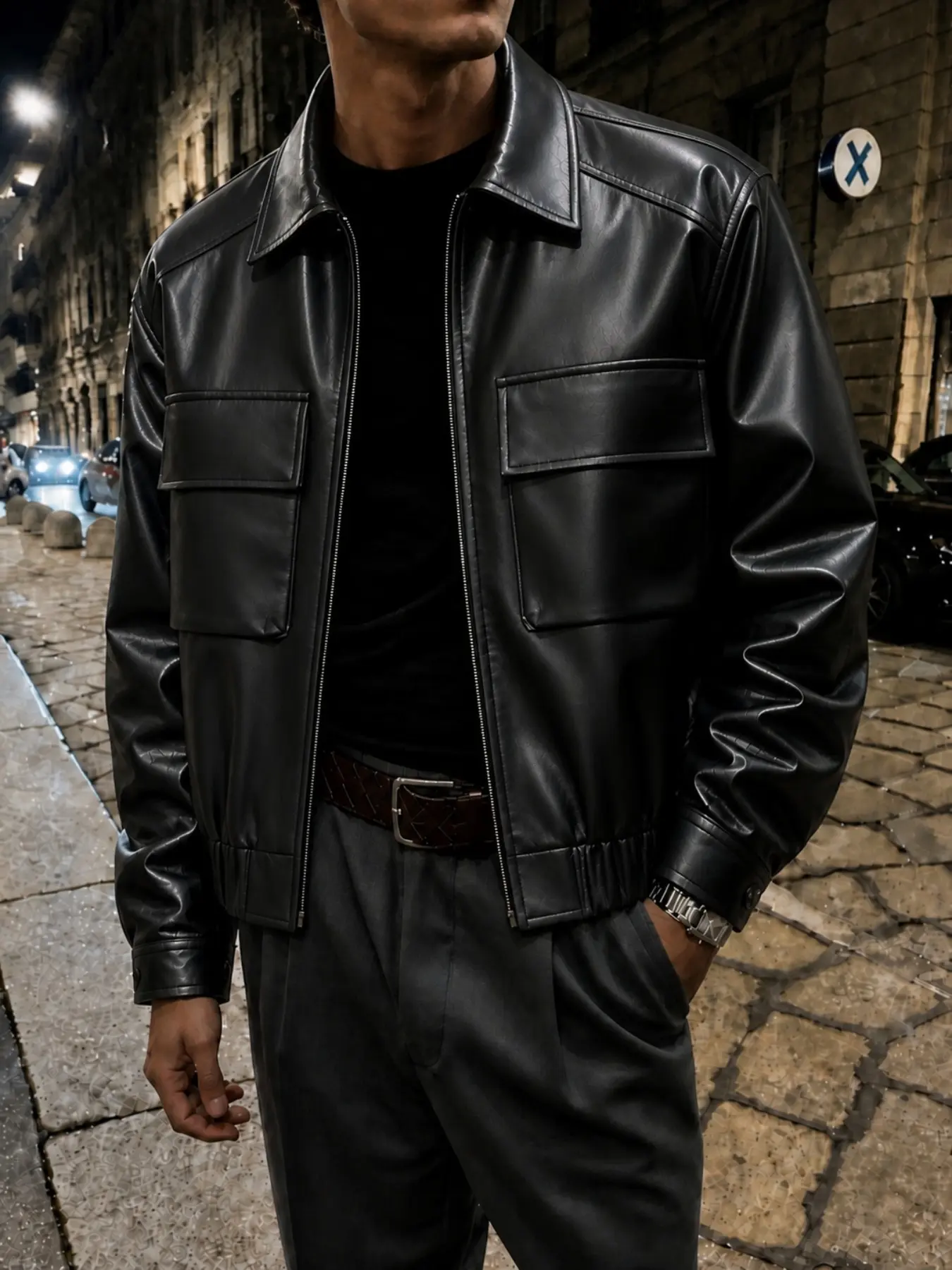 Men's Lapel PU Leather Jacket, Zipper Large Pocket Short Workwear Coat, Vintage Casual Fall Winter Men's Outerwear