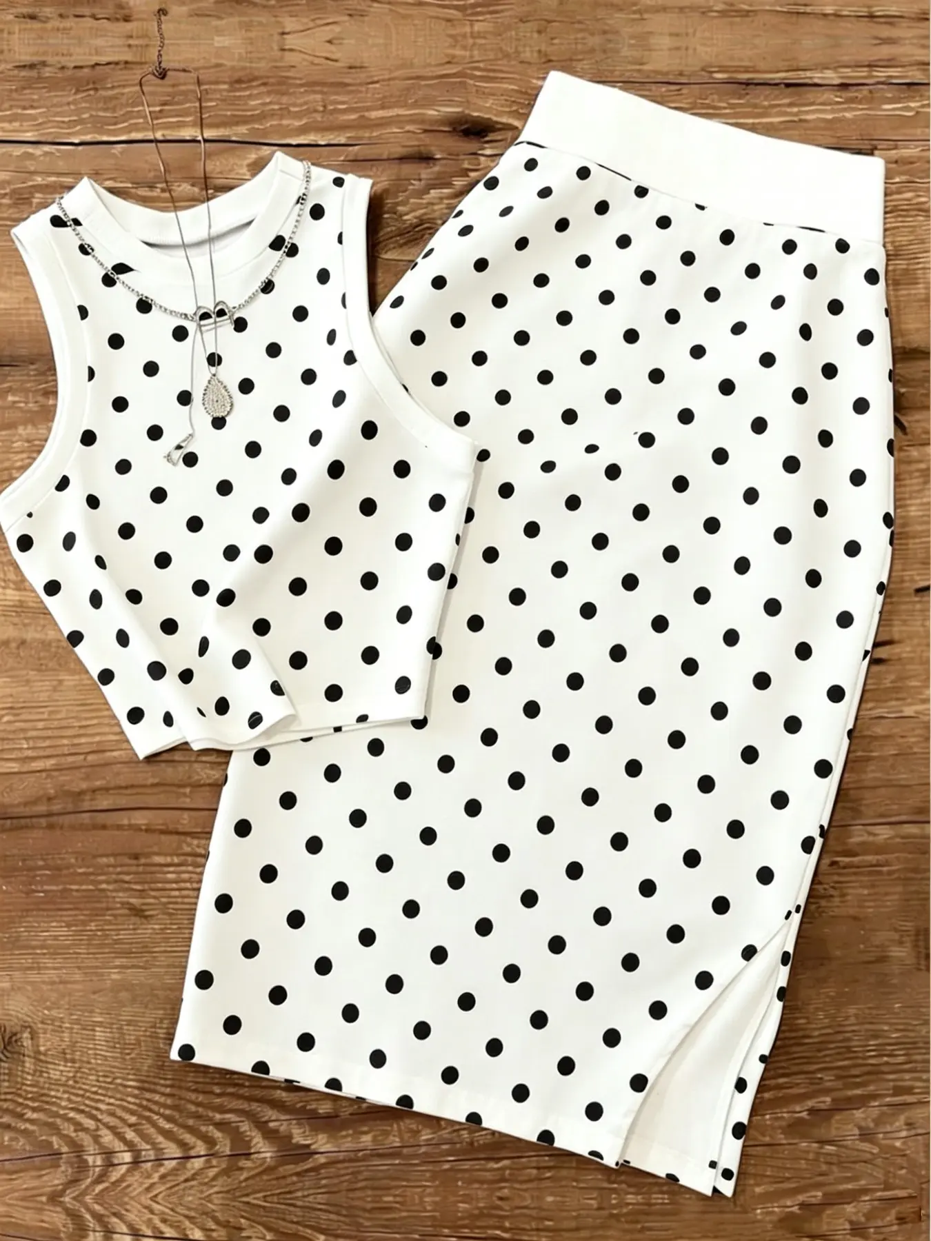 Sleeveless Crop Tank Midi Pencil Skirt, Polka Dot, Women's Fashionable Clothing, Perfect for Casual Wear, Trendy and Comfortable