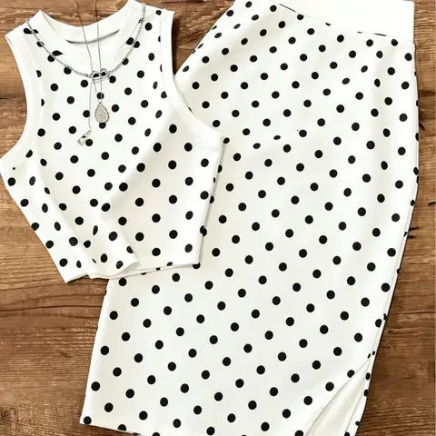 Sleeveless Crop Tank Midi Pencil Skirt, Polka Dot, Women's Fashionable Clothing, Perfect for Casual Wear, Trendy and Comfortable, Top and Skirt Set