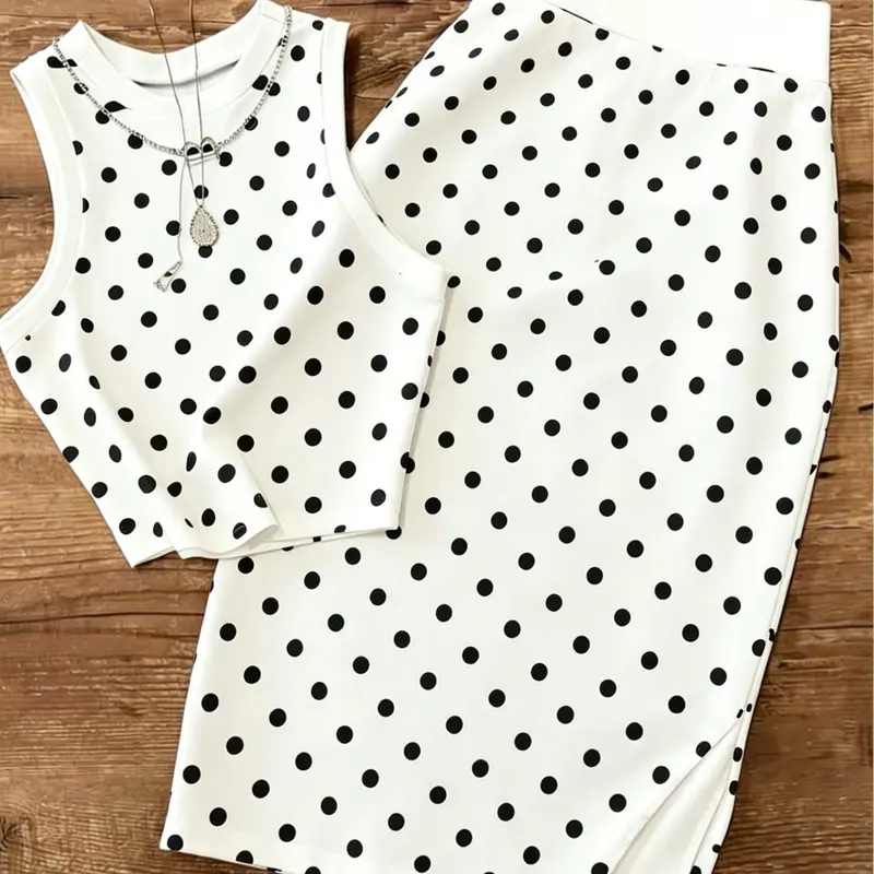 Sleeveless Crop Tank Midi Pencil Skirt, Polka Dot, Women's Fashionable Clothing, Perfect for Casual Wear, Trendy and Comfortable, Top and Skirt Set