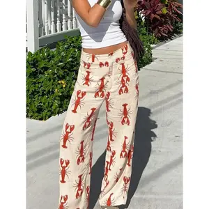 Women's Casual Vacation Style Lobster Print Wide Leg Pants Bottom, Perfect for Summer, Comfortable and Stylish Long Trousers