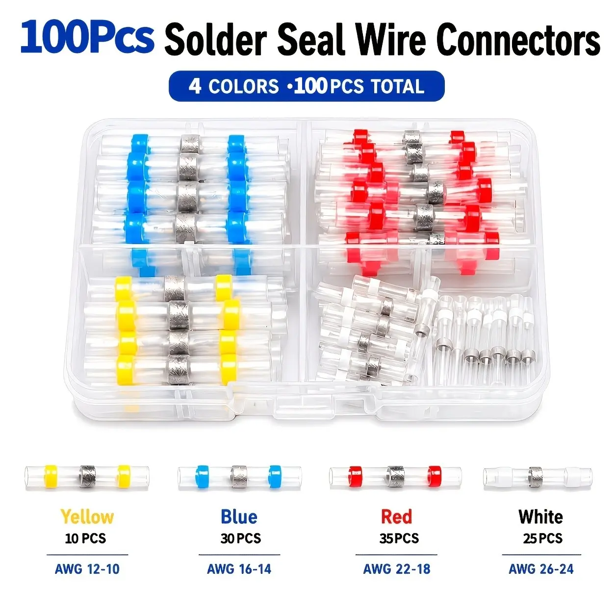 100pcs Electrical Connector Kit, Welding Sealed Terminals for Car and Boat Wiring, Various Colors, Nylon Insulation, Heat Shrink