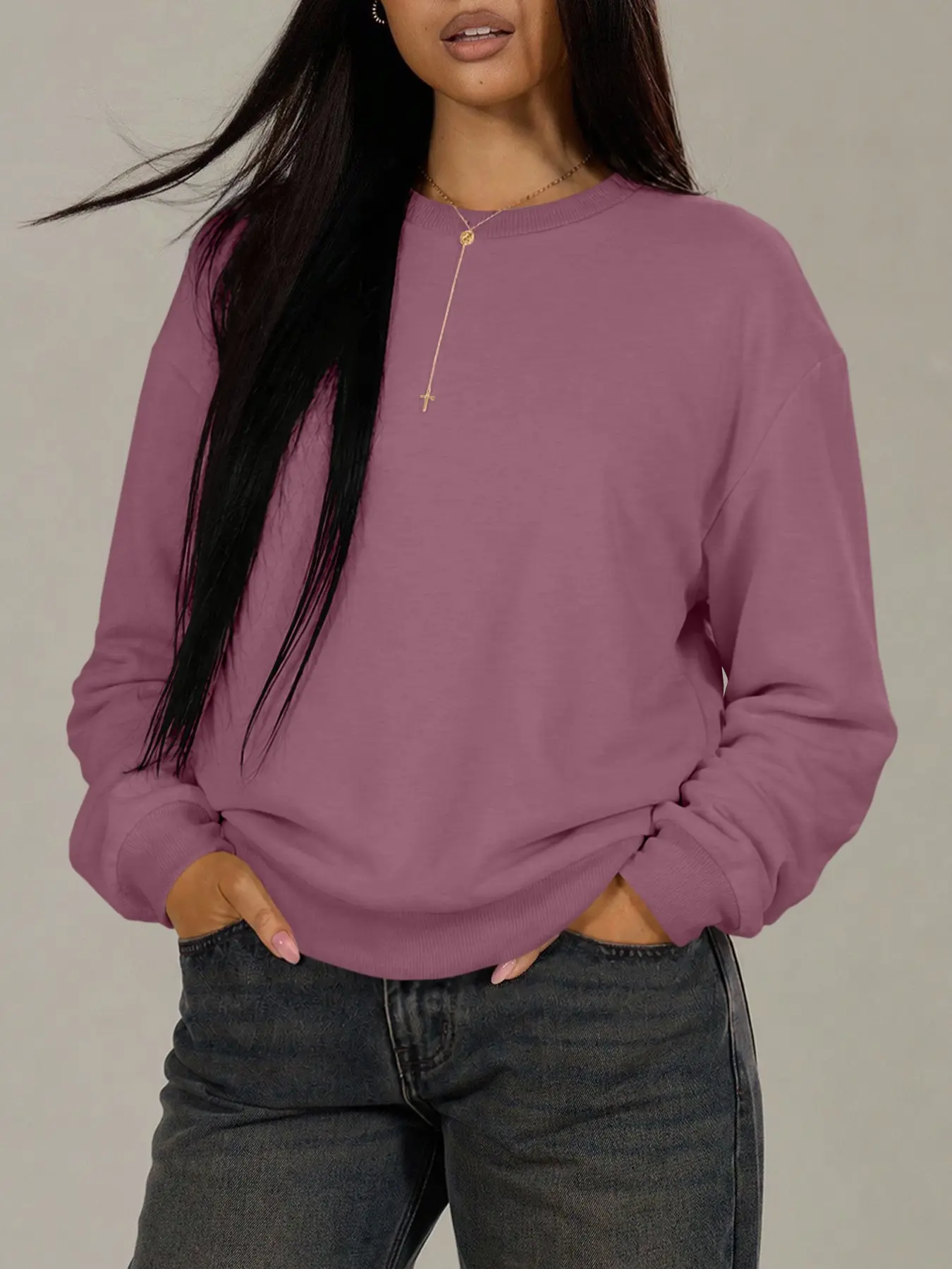 Women's Spring Fall Thin Round Neck Solid Long Sleeve Pullover Sweatshirt, Casual Fitted H-Type, Suitable for Daily Wear