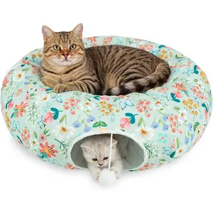 Donut Tunnel for Indoor Cats in Spring & Summer, Cute  Tunnel Bed for Large Small Cats, Multifunctional Peekaboo  Cave Long Circle Playground Toys for Kitty Puppy  Ferret,Floral Design