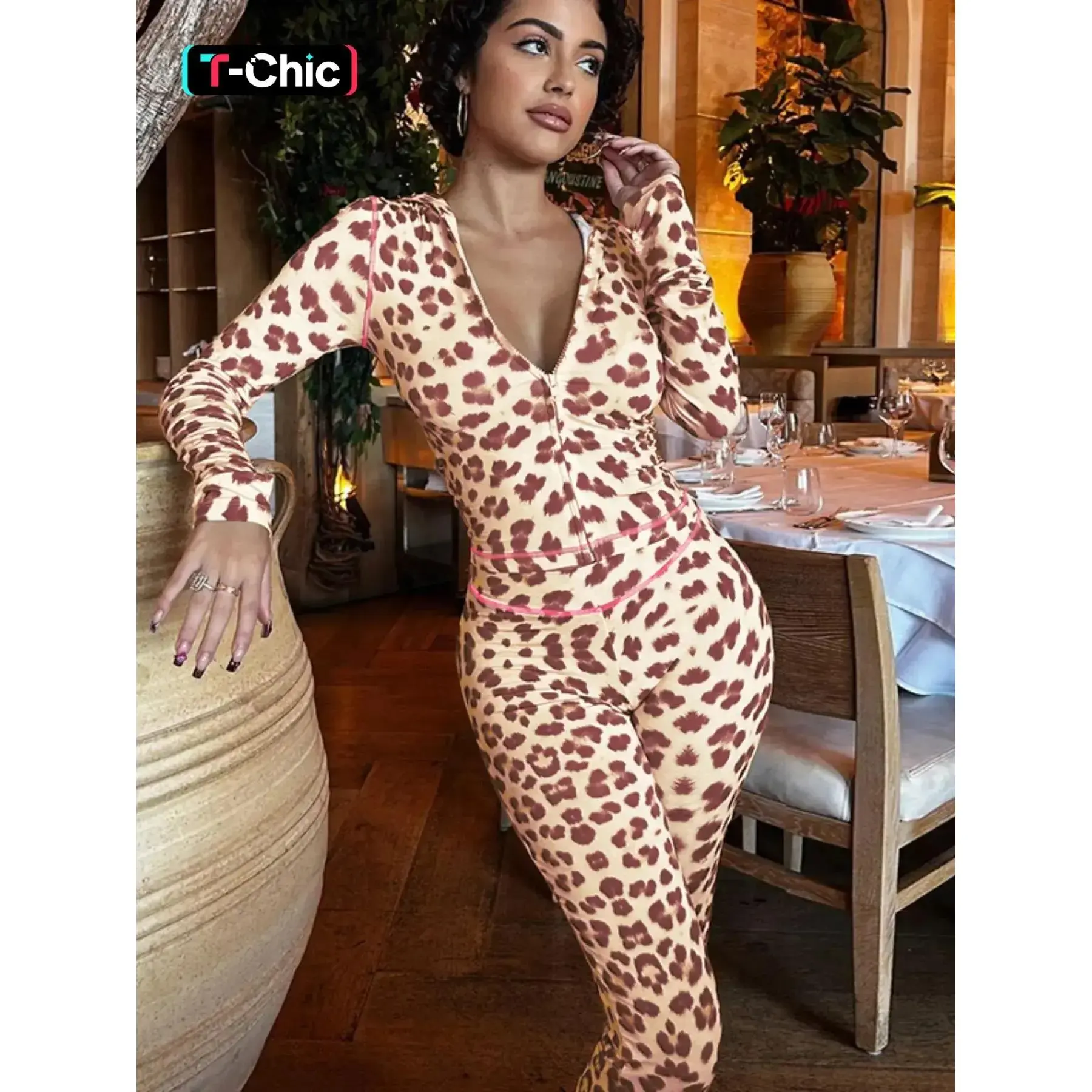 Women's Solid Color / Leopard Print Zip Up Fitted Crop Hoodie & Pants Two-piece Set Outfit, Casual Style Long Sleeve Hooded Top & Straight Leg Trousers for Fall & Winter, Women's Clothes for Daily Wear