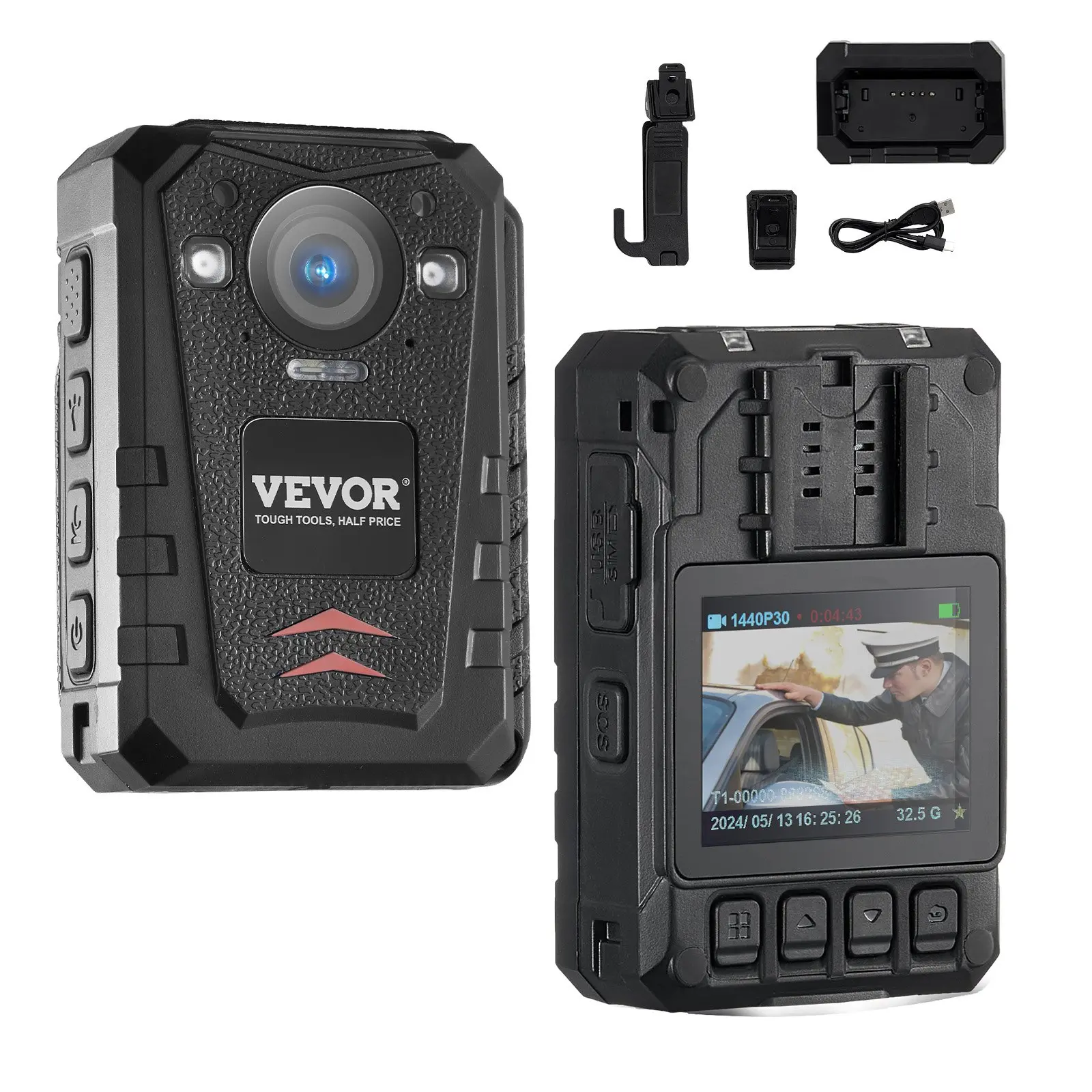 【toolupgrade】VEVOR 1440P HD Tactical Police Body Camera, 128GB Memory, 3500 mAh Battery, 2.0" LCD Screen, Wide-Angle Lens, Infrared NV, Covert Mode, Waterproof GPS, 1A USB Port Charging, Audio-Video-Picture Recording for Law Enforcement