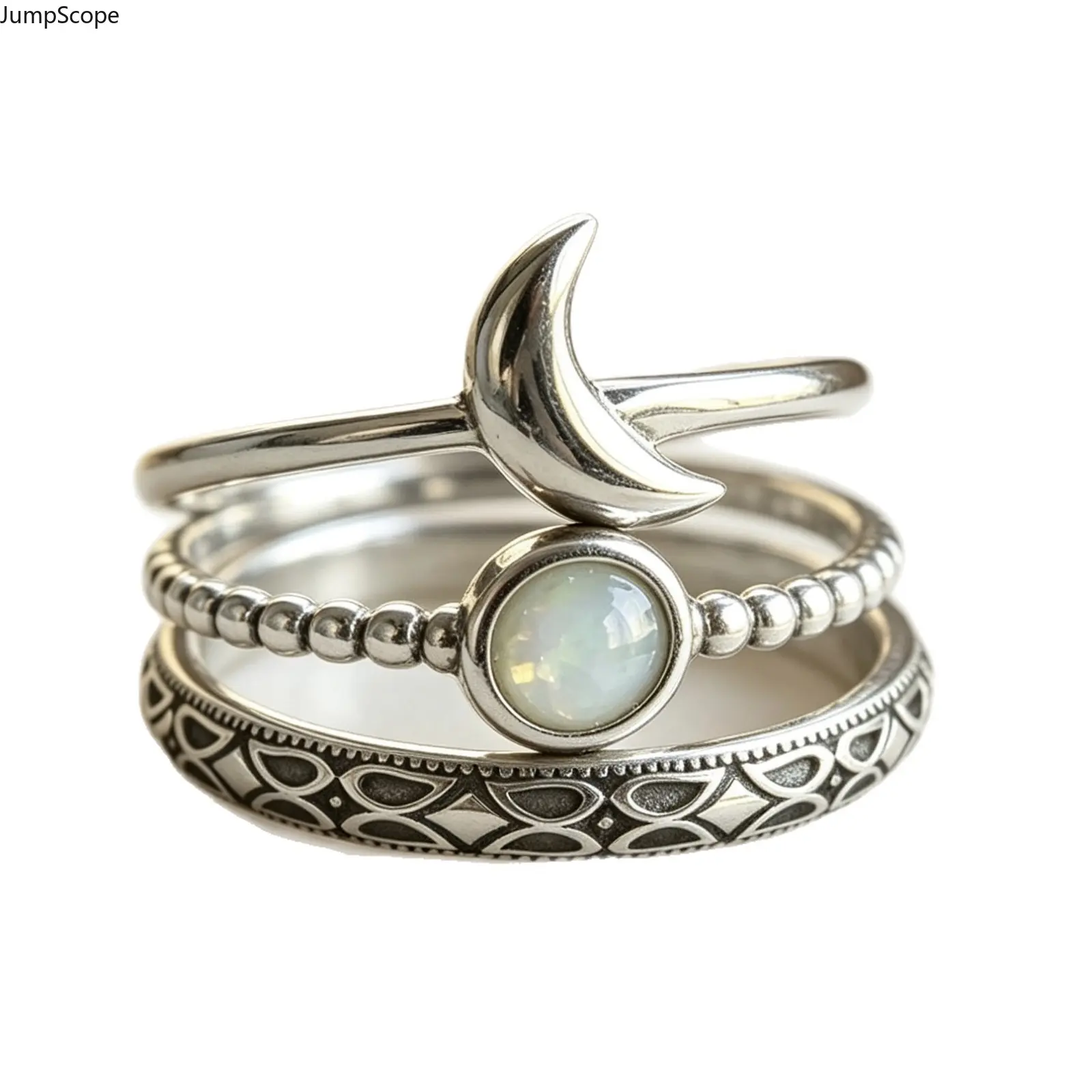 Women's 3Pcs Vintage Crescent Moon Iridescent Opal Geometric Engraving Stackable Rings Set - Antique Silver-Plated Beaded Celestial Witchy Finger Jewelry for Casual Party, Spiritual Indoor Recreation, Stackable Set