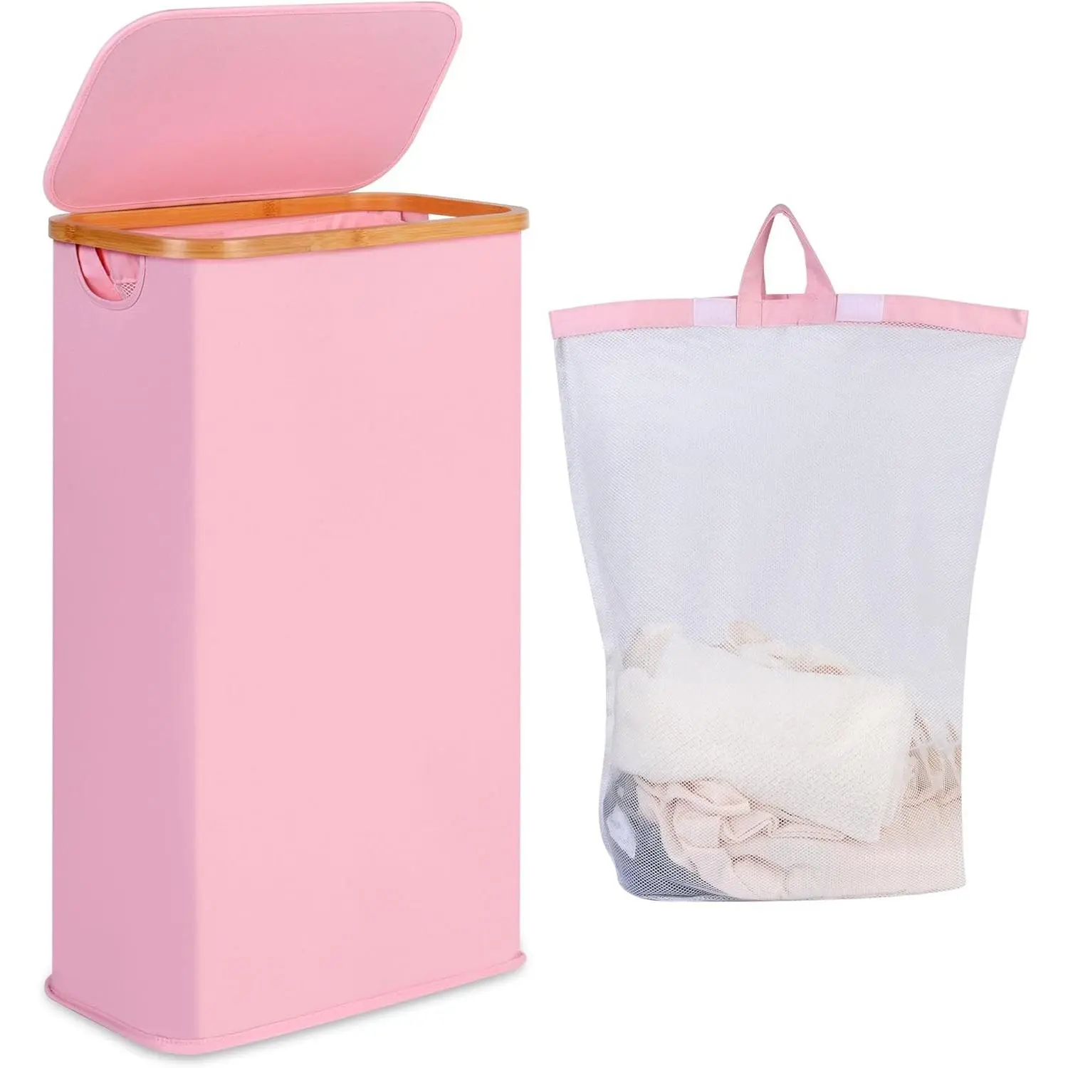 65L Slim Laundry Hamper, Narrow Laundry Basket with Lid,Foldable Clothes Hamper with Bamboo Handles,Hamper Basket with Removable Inner Bag for Laundry Room Bedroom College Dorm,17.17 Gals Pink