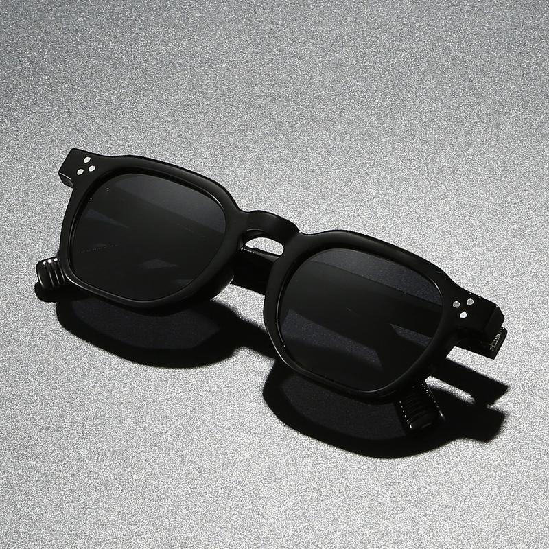 Vintage Square - Frame Sunglasses: Transparent Gray Acetate Frame, Tortoise - Patterned & Engraved Temples, Black Lenses