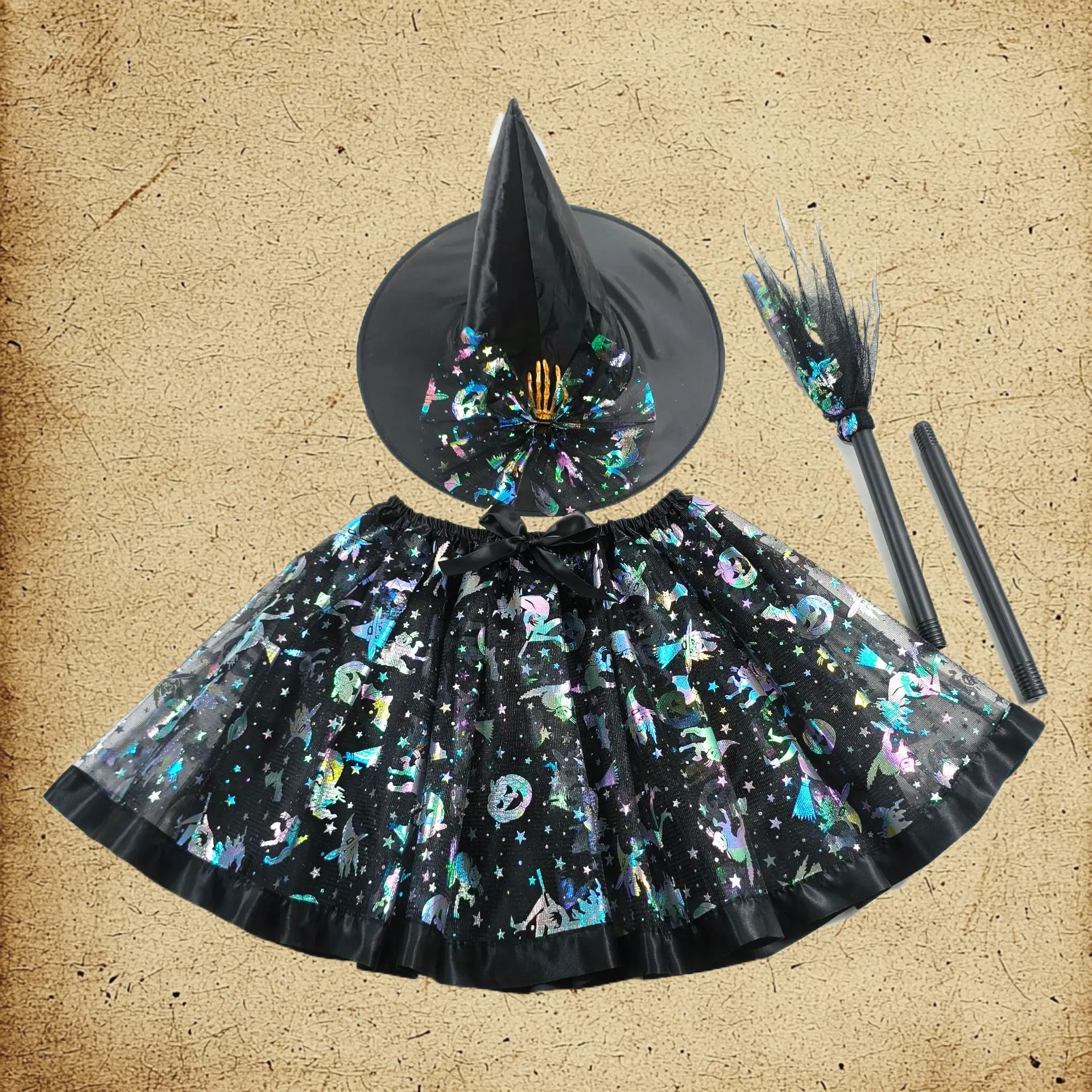 Three-piece Adult Halloween Witch Costume Set: Tulle Skirt Witch Hat Broom For Stage Performance Shows