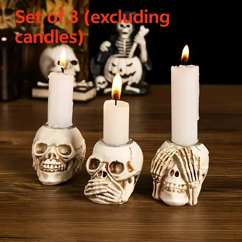 3-piece skull candlestick ornaments Halloween theme decoration horror crafts resin desktop ornaments holiday decorations, creative design skull ornaments.