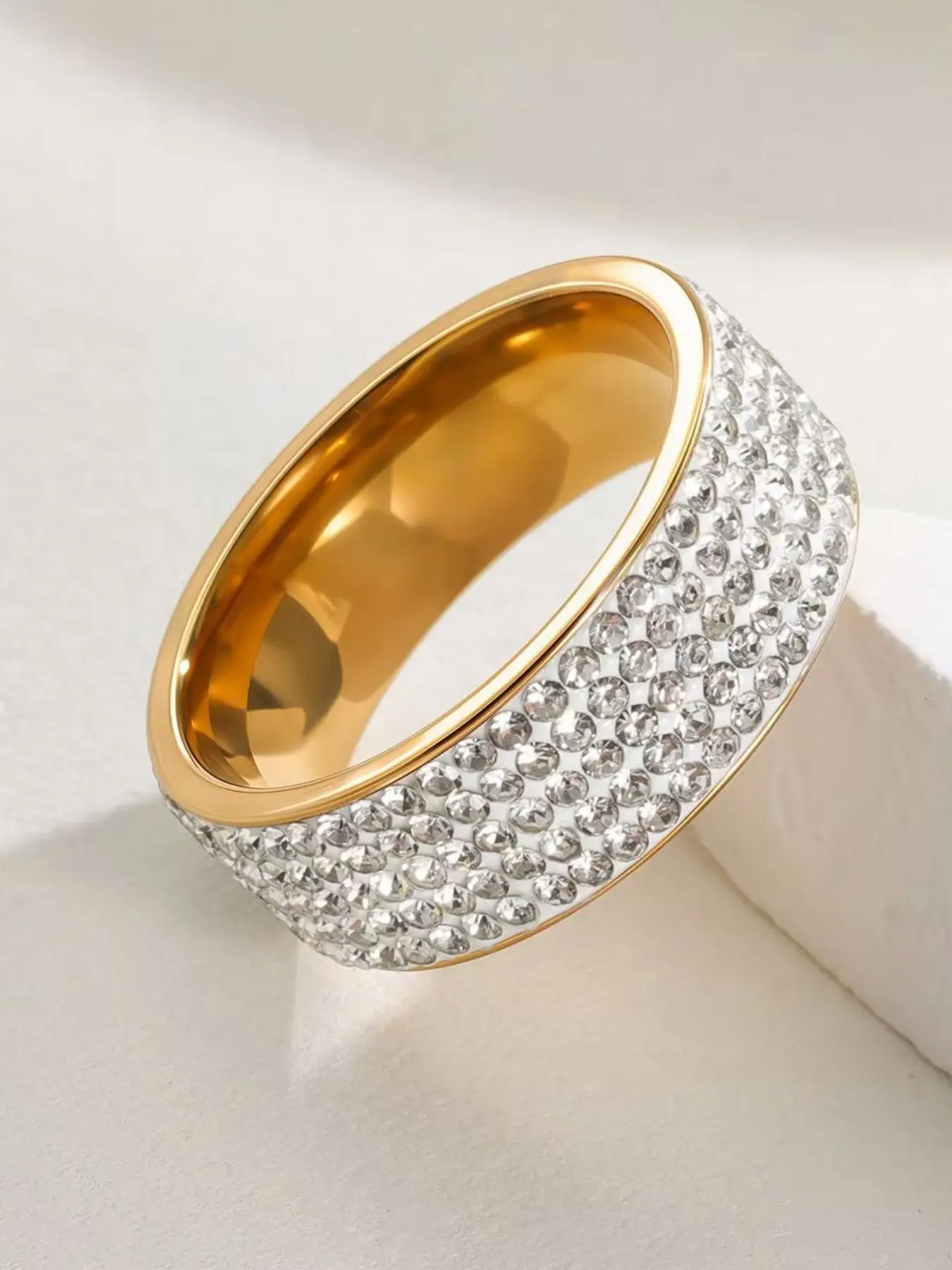 14k Wide Eternity Statement Rings for Women, Cubic Zirconia Cz Stackable Wedding Band Jewelry, Elegant Fashion Accessory