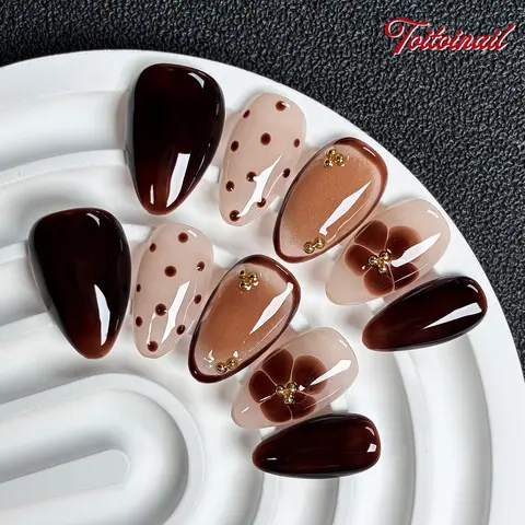 Mocha Floral Press On Nails | Short Almond, 10pcs Handmade glossy nails with solid dark coffee, sheer nude polka dot, mocha gradient & translucent flower print, mini gold bead studs, warm retro reusable fake nails for autumn daily wear