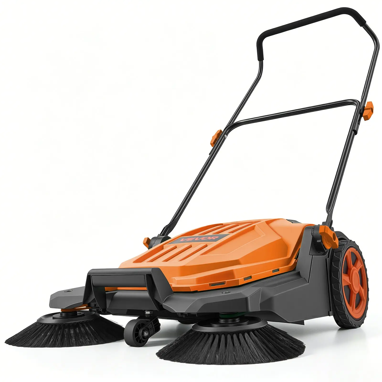 VEVOR Walk-Behind Hand Push Floor Sweeper, Manual Floor Sweeper Non-Electric with 25.6" Sweeping Width, 5 Gallons Waste Container & Adjustable Folding Handle for Yards Walkways Patios Garages - Orang