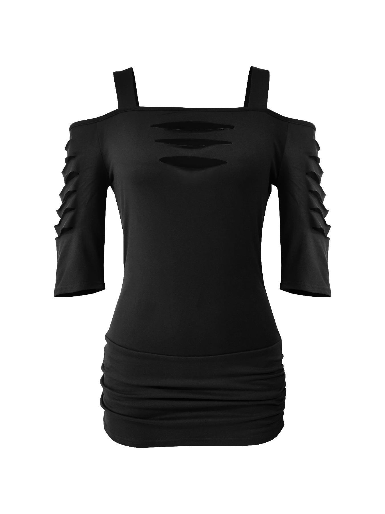 Women's Cut Out Shoulder Three Quarter Sleeve T-Shirt, Side Ruched Design, Soft Elastic Fabric, Casual Daily Wear