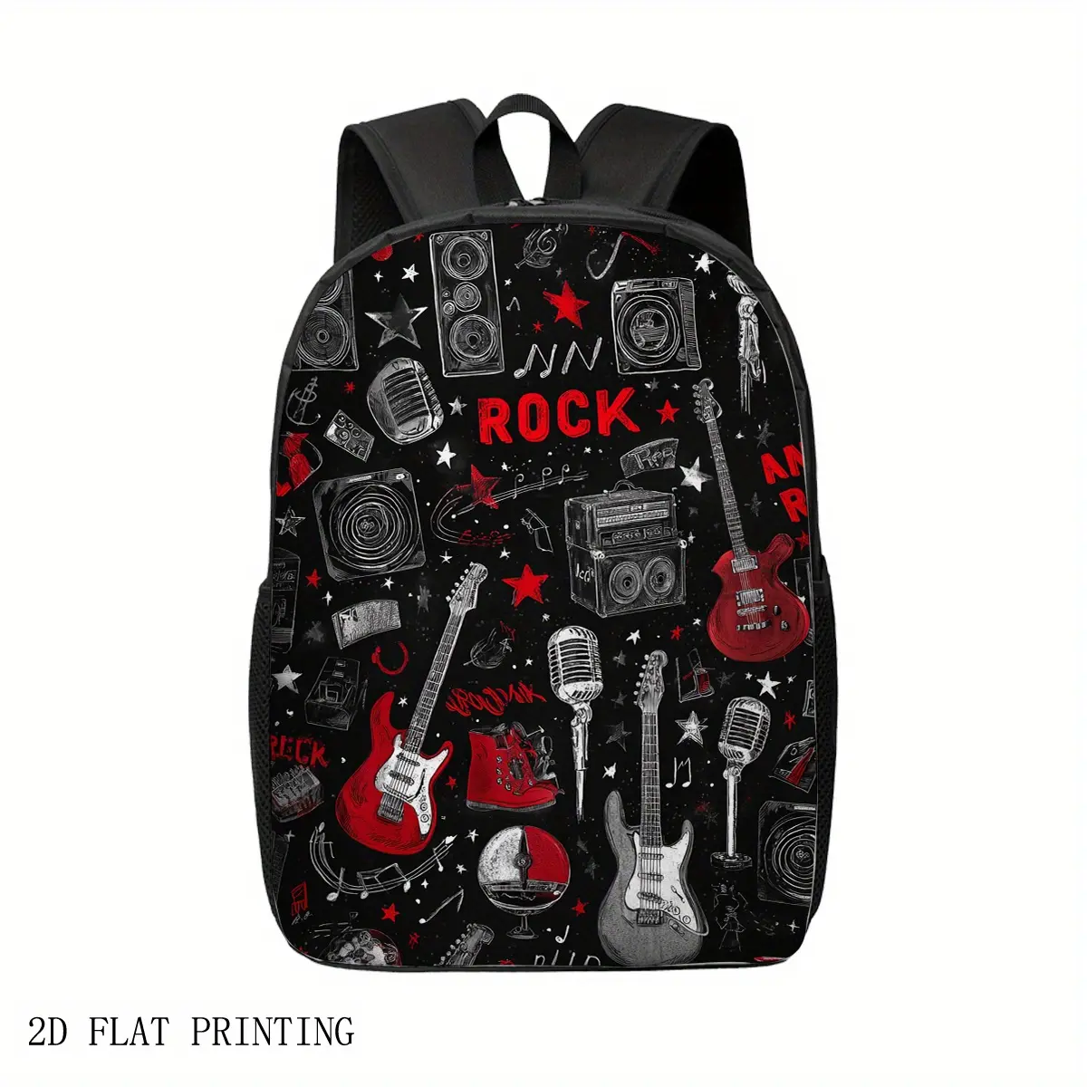 Rock Music Graphic Casual Youth Bag - Polyester Durable Large-Capacity Backpack with Guitar, Microphone, Speaker Prints, Adjustable Shoulder Straps, Zipper Closure, for Teenage Musicians, Ideal for Daily Carry