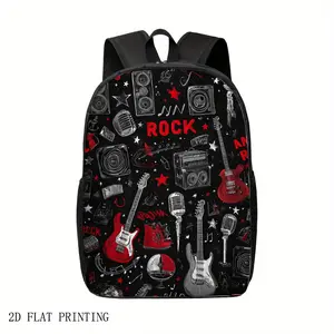 1 Rock Music Theme Backpack - Printed with guitar, microphone, and speaker patterns, durable large-capacity casual backpack, adjustable shoulder straps with zipper closure, suitable for teenage musicians and rock enthusiasts, ideal for daily carry, bold p