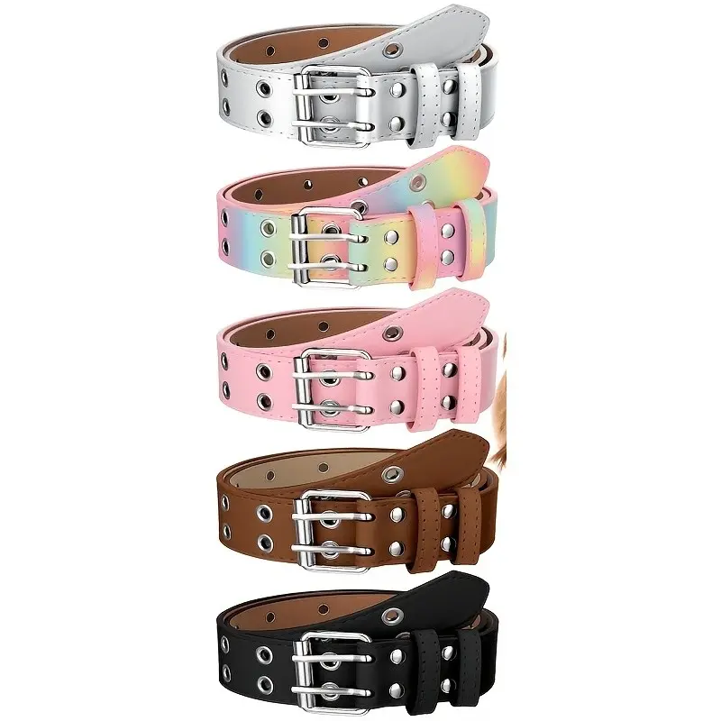 5pcs Women Belts with Holes Women PU Double Grommet Waist Belts for Women Jeans Pants (S, Cool Colors)