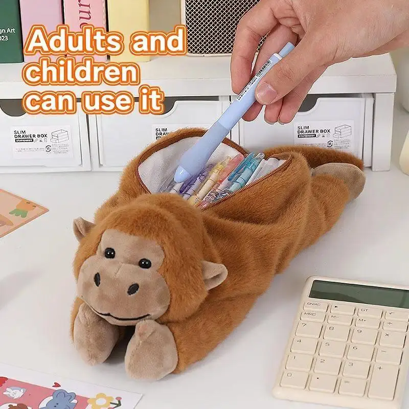 New Cute Cartoon Gorilla Plush Pen Bag Funny Student Animal Pencil Cases Fashion Large Capacity Stationery Storage Bag Gifts