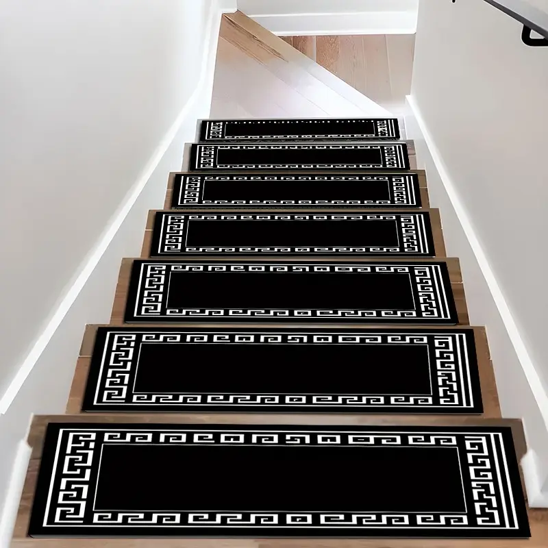 Vintage Black Greek Key Border Diatom Mud Stair Treads, Super Absorbent Non Slip Carpet Mats for Wood Steps, Quick Drying Moisture Wicking Stair Runners, Anti Slip Washable Rugs for Dogs Kids Elderly