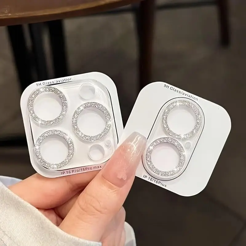 2-Pack Silver Color Glitter Glass Lens Protector, 9h Tempered Glass Camera Lens Film for iPhone 17/15/14/13/12/11, High Transparency, Gift Idea, Cellphone Accessory
