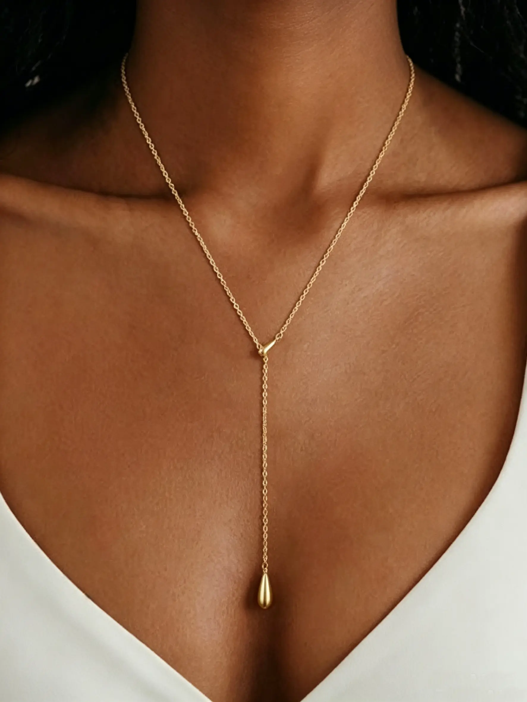 1pc Double Waterdrop Pendant Y Shape Lariat Necklace, Gold Plated Titanium Steel Fashion Accessories for Women, Casual Trendy Jewelry Gift, Ideal for Daily Wear, Date Night, Birthdays & Wedding Parties, Viral Minimalist Elegant Statement Jewelry