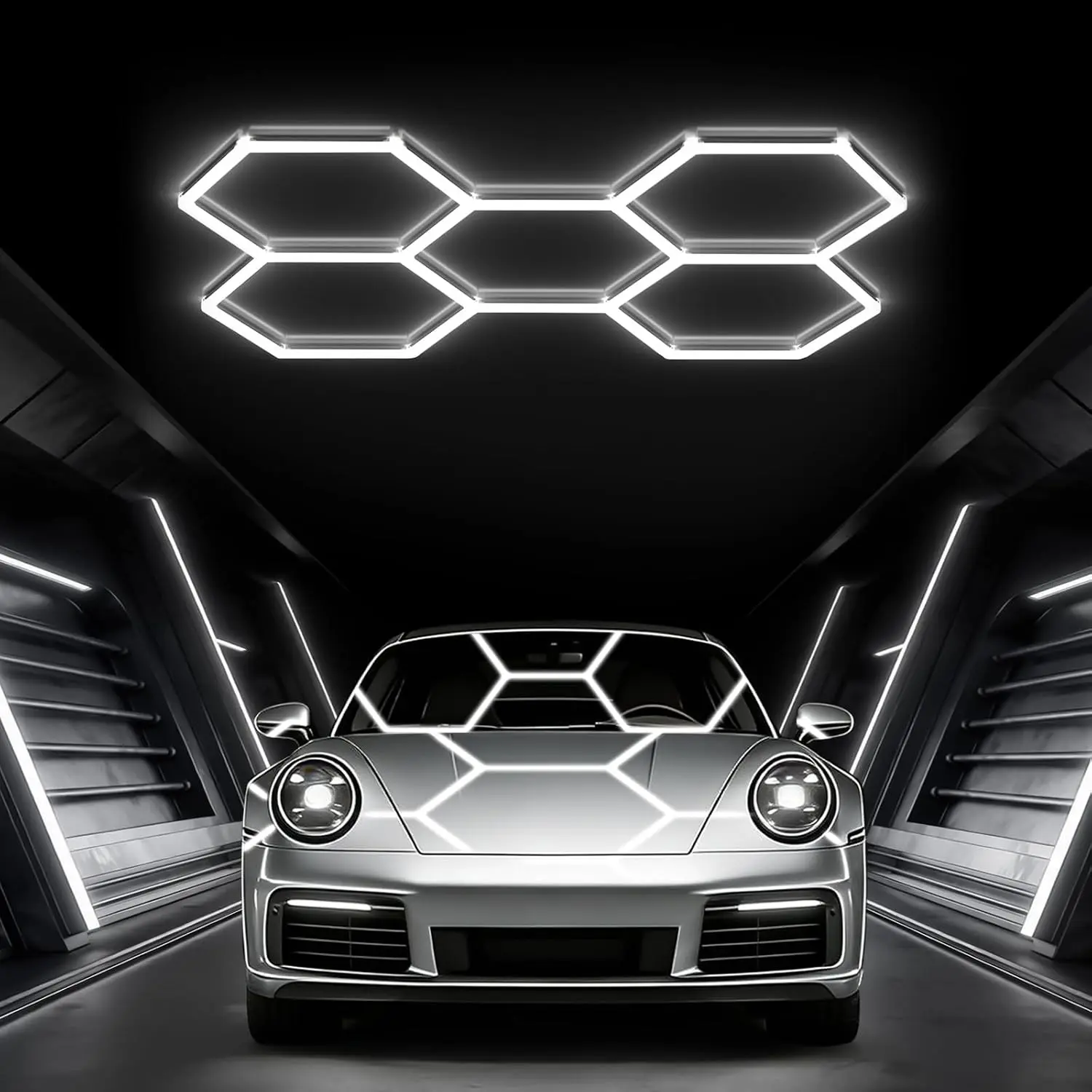 Hexagon LED Garage Light, 168W 18480LM 5-Grid Honeycomb Hex Lighting System, 6500K Ultra Bright Ceiling Light for Garage, Car Detailing Shop, Workshop, Basement, Gym