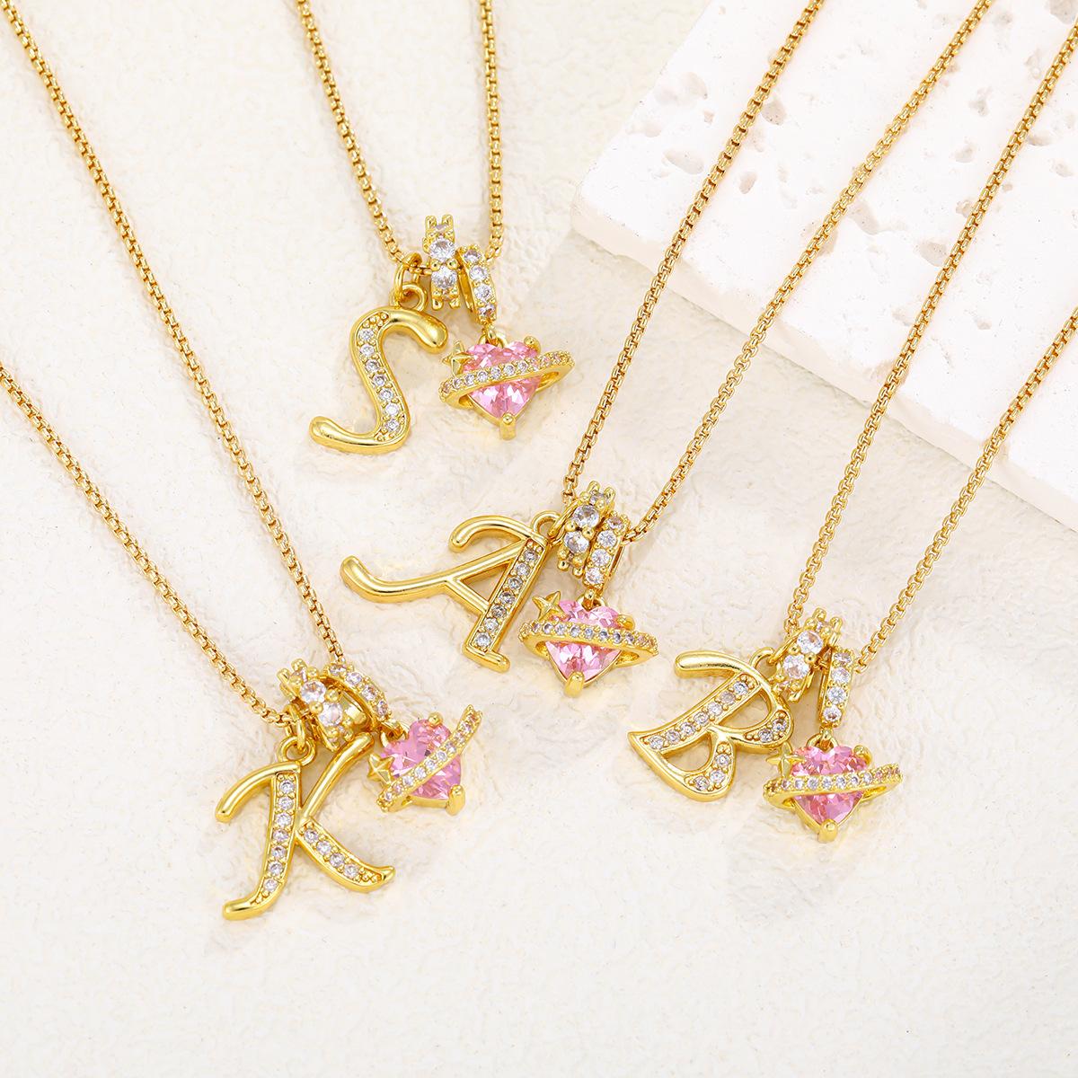 Art Design Letter Necklace Gold 3-Layering Initial A-Z Letter Pendant Necklaces for Women Snake Chain Choker Pink Heart Zircon Adjustable Length Necklace Jewelry For Christmas