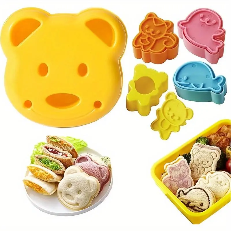 Animal Sandwich Cutters with Plunger Stamps Set, 5 Piece 3D Animal Embossing Cutters for Biscuit Fondant Cheese Baking Molds