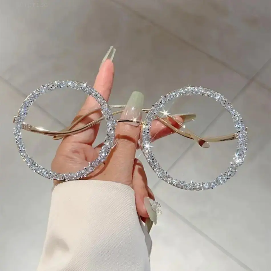 Unisex Sparkly Glitter Rhinestone Oversized Round Full Frame Metal Sunglasses - Designer-Inspired Statement Eyewear, Circular Metallic Accent, Couples Gift for Black Friday, Valentine’s Day Fashion Accessory