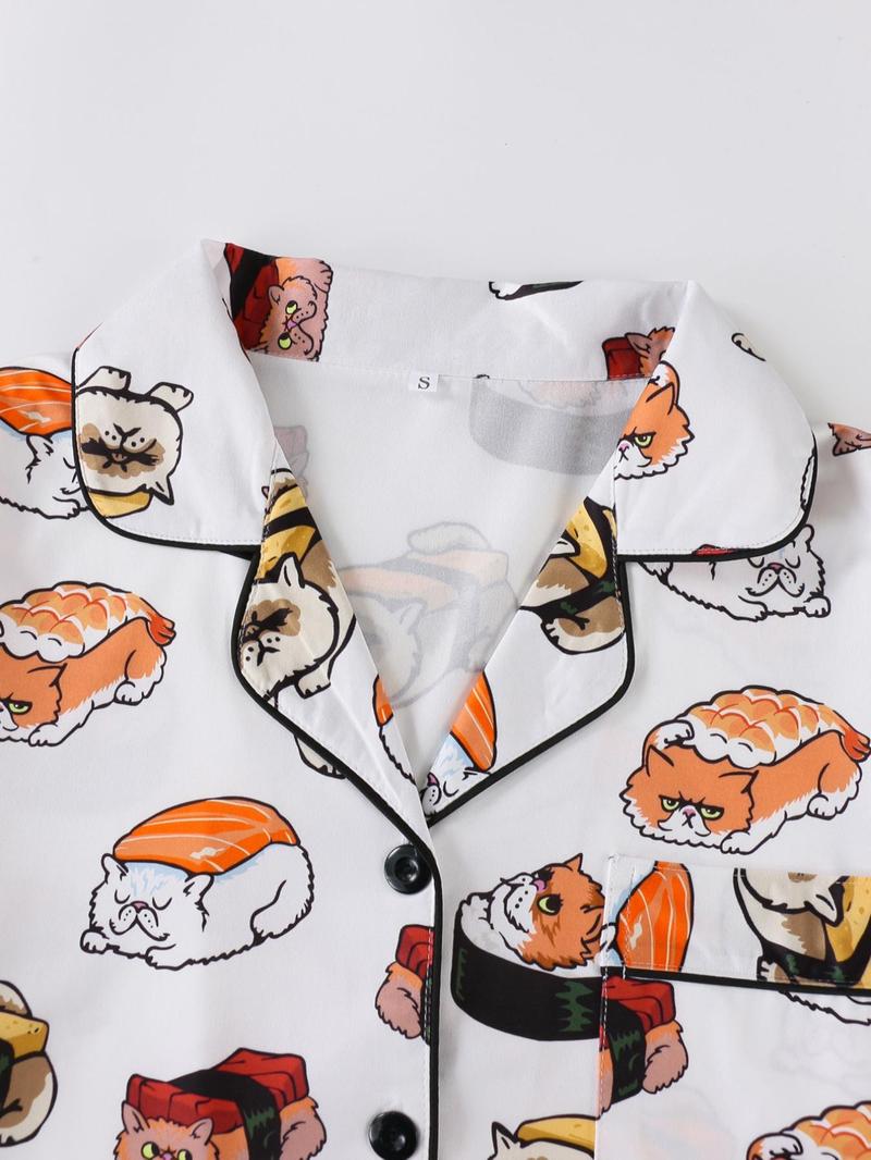 Women's All Over Cartoon Cat Print Short Sleeve Pajama Two-Piece Set, Regular Fit Casual Comfy Shortsleeve Button Front Chest Pocket Design Lapel Neck Top & Elastic Waist Shorts PJ Set, Ladies Sleepwear for All Seasons