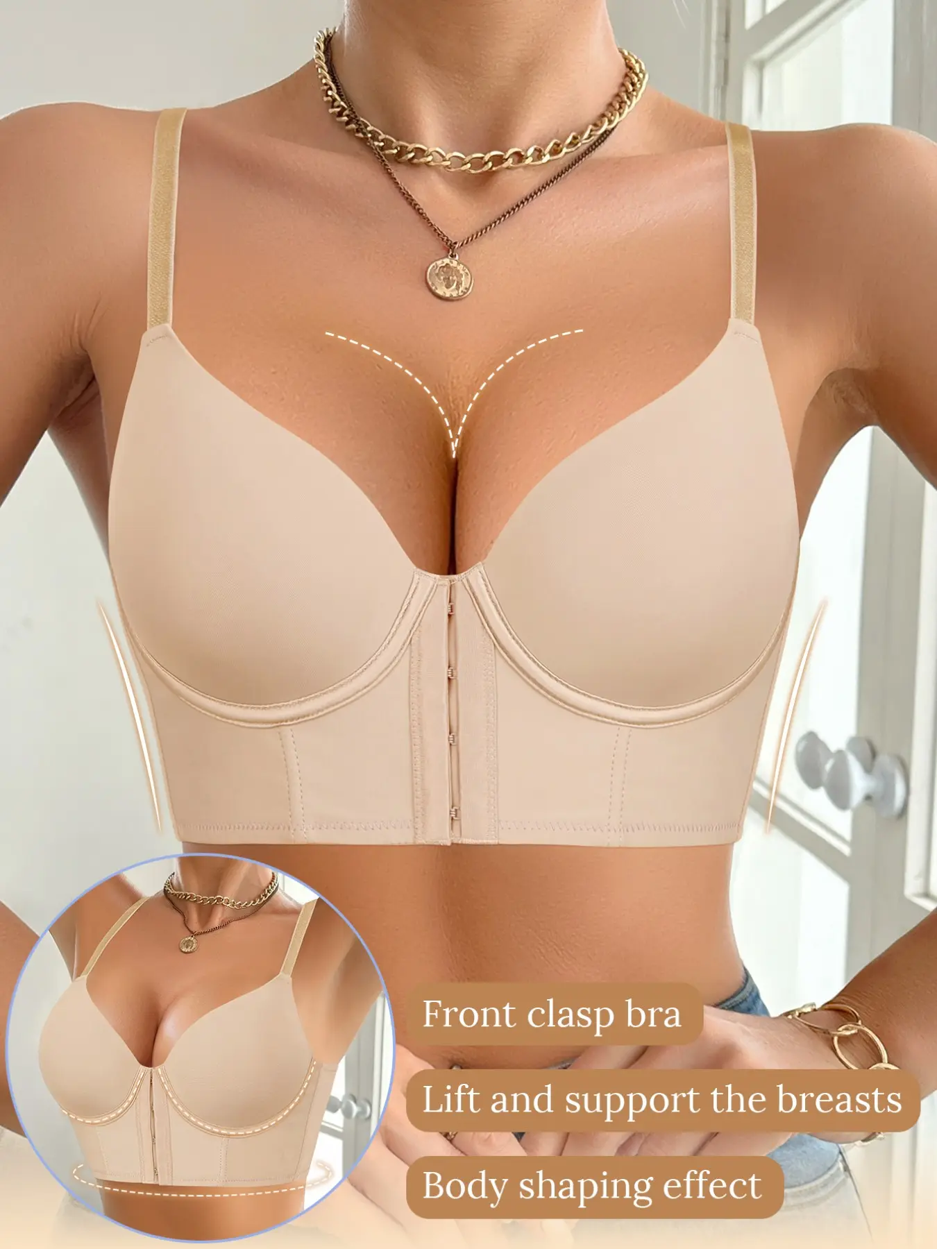 Women Tshirt Front Closure Longline Underwire Bra, Seamless, Push Up, Side Support & Anti-Sag, Ideal For Daily Casual Wear, Suitable For Layering And Outerwear