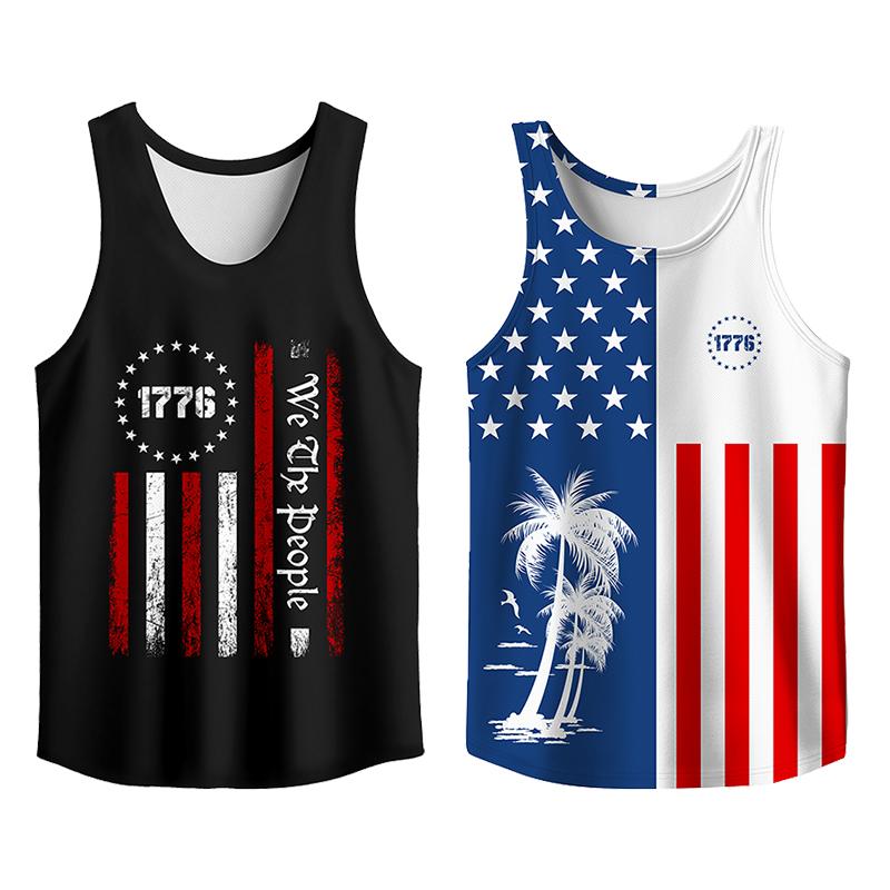 Y2K 2 Pack USA Flag Graphic Tees, Menswear Tank Top Slim Fit Apparel, Big and Tall Gym Workout Running Tee, Comfy Casual Sleeveless