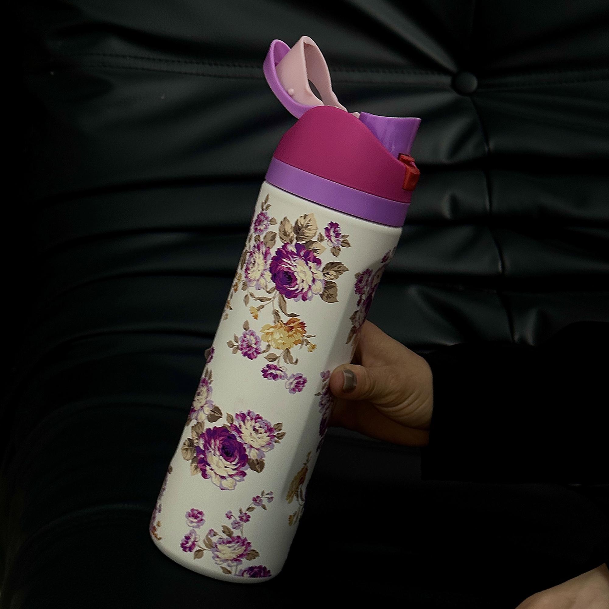 Floral Pattern Vacuum Flask, 1 Count 24oz/32oz/40oz Stainless Steel Insulated Water Bottle with Straw, Drinking Cup for Home Office School Outdoor, Drinkware Thermo Tumbler, Tumbler with Lid