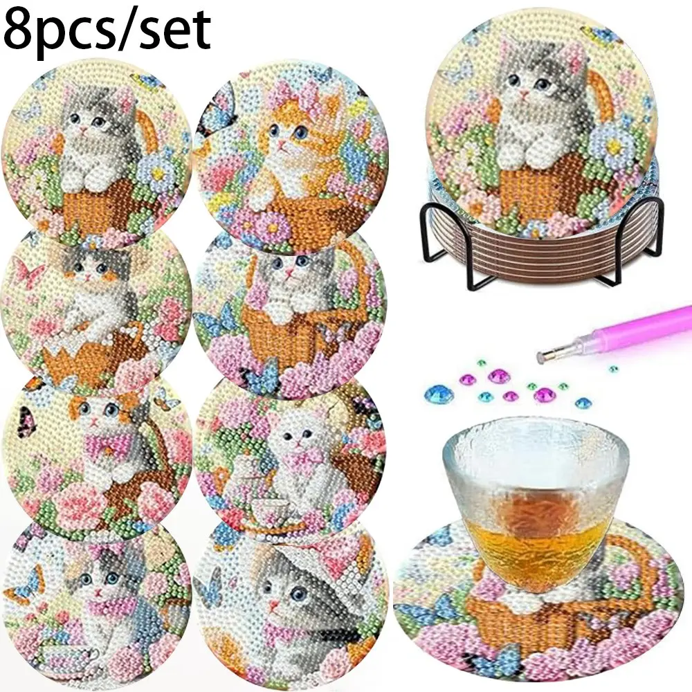8-Piece Round 5D Diamond Painting Coasters, Pastel Floral Cat Design with Stand, DIY Cute Cat and Flower Drink Coasters, Heat-Resistant Non-Slip Mat for Kitchen and Bedroom Decor Coaster Set