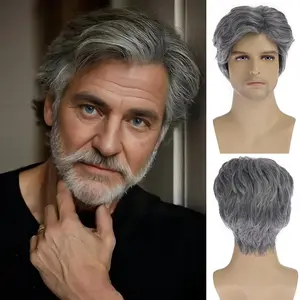 Trendy New Grey Side Part Short Wig, Natural Fluffy Synthetic Hair for Middle-aged Men Daily Use