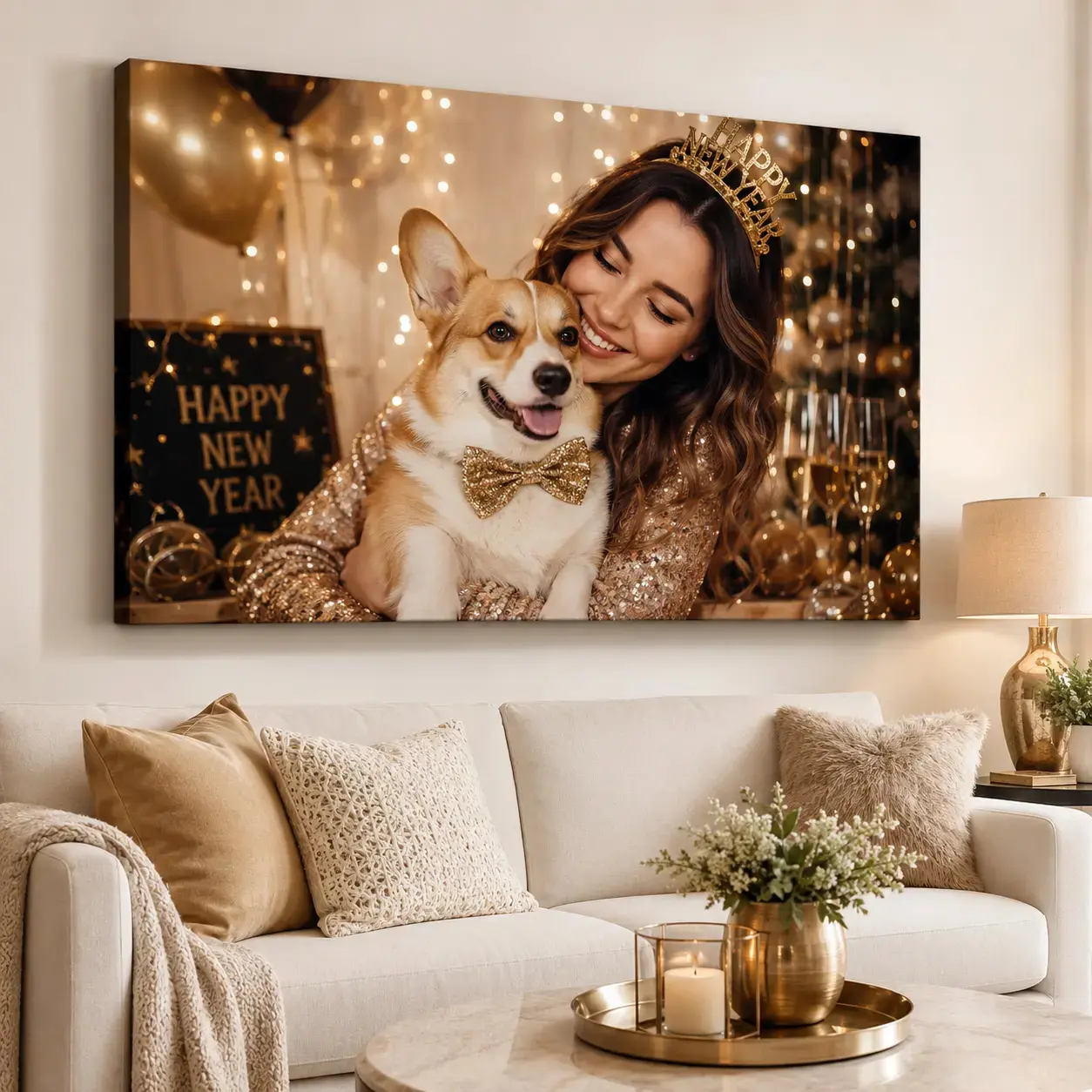 Custom Family Pet Photo Canvas Wall Decor Poster, Personalized Upload Human & Dog Cat Portrait Canvas Print, Custom Memory Wall Art for Living Room Bedroom Entryway, Decor Poster Print, Available as Unframed Canvas Poster or Framed Canvas Wrap