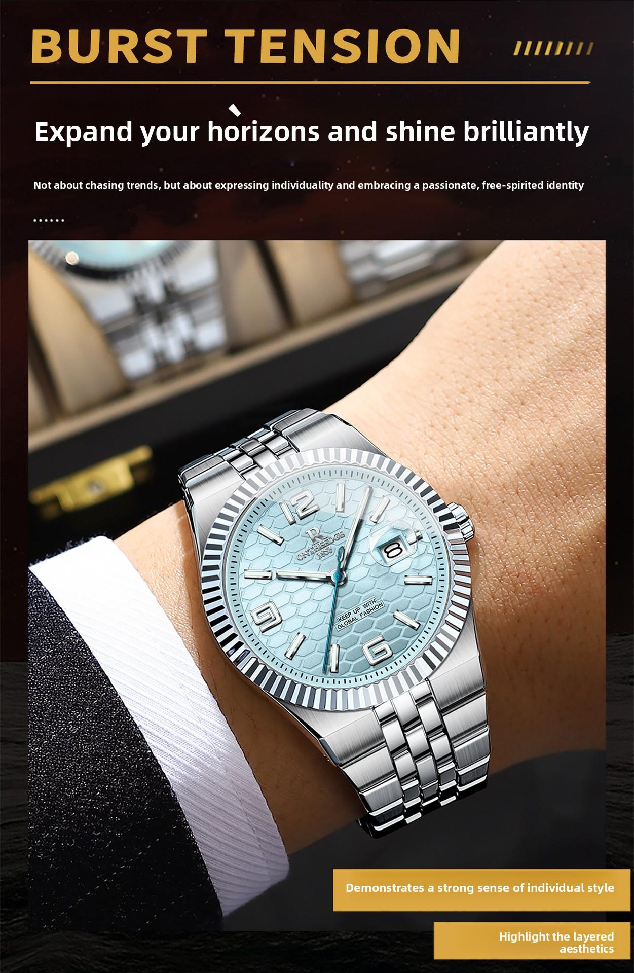 Men's Luxury Silver Stainless Steel Quartz Watch - Ice Blue Textured Dial with Fluted Bezel, Date Display, Luminous Hands, Elegant Business Dress Wristwatch, Perfect Gift for Him