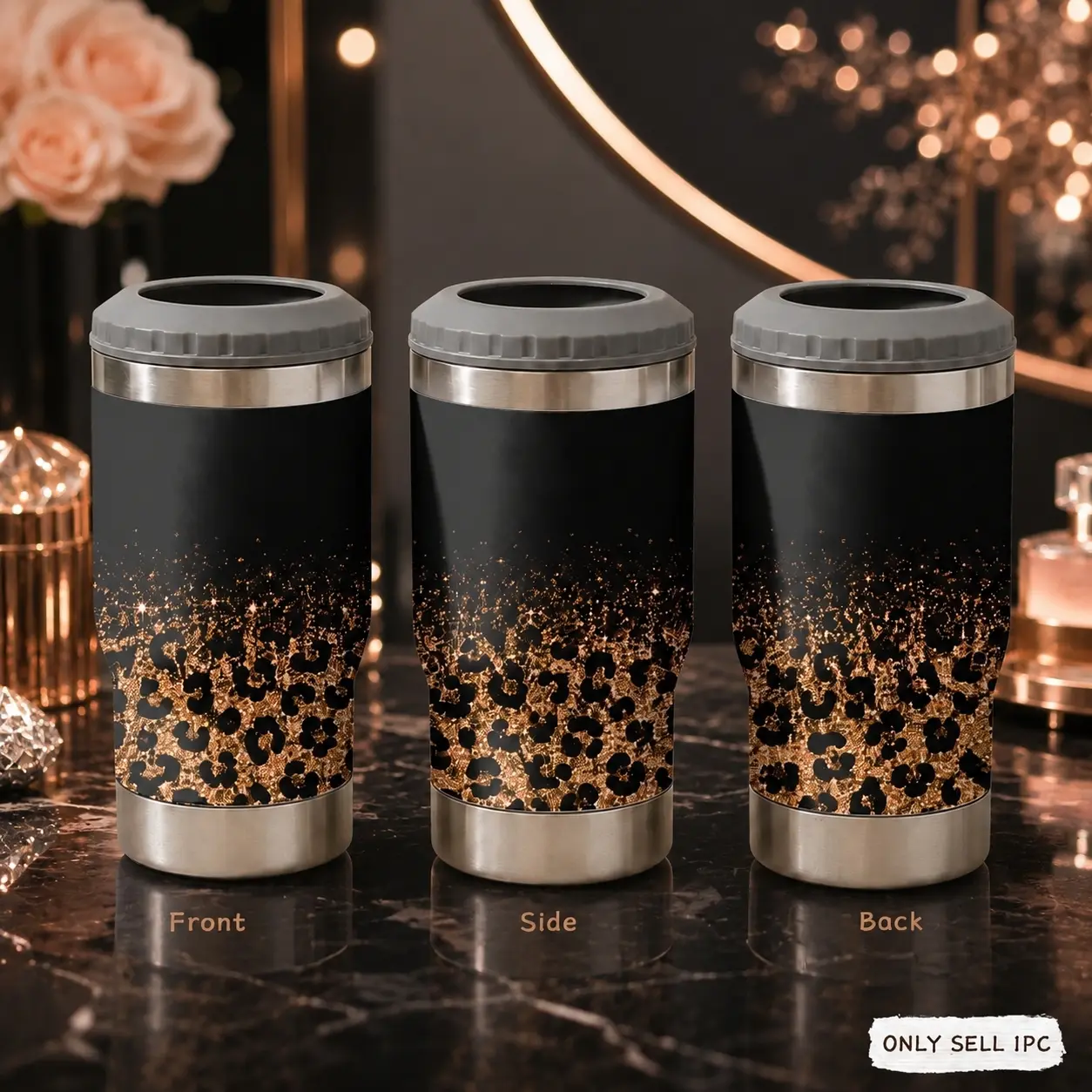 Gold Leopard Print 4-in-1 Can Cooler Tumbler – Stylish Stainless Steel Vacuum Insulated Beer & Soda Holder for Camping, BBQ, Outdoor Parties, Travel, Festival Drinks, Trendy Wild Animal Pattern Gift Insulated Vacuum Flask